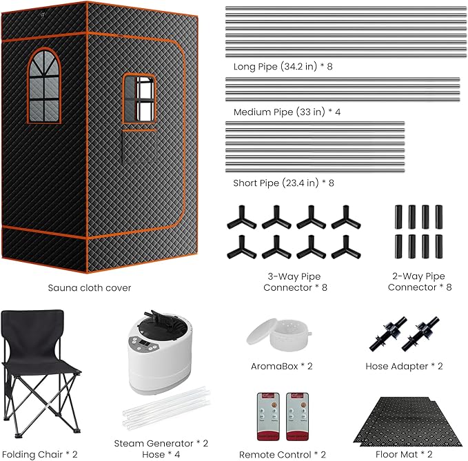DoCred Upgraded 2 Person Portable Sauna Box, Extra Large Portable Steam Sauna for Home,Personal Sauna Tent Full Body with 2 Steamers, 2 Folding Chair,Remote Control