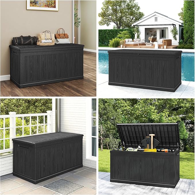 260 Gallon Deck Box Extra Large, Outdoor Storage Box Lockable, Patio Storage Box Waterproof and UV Resistant, 440lbs Load Capacity for Garden, Patio, Pool (Black)
