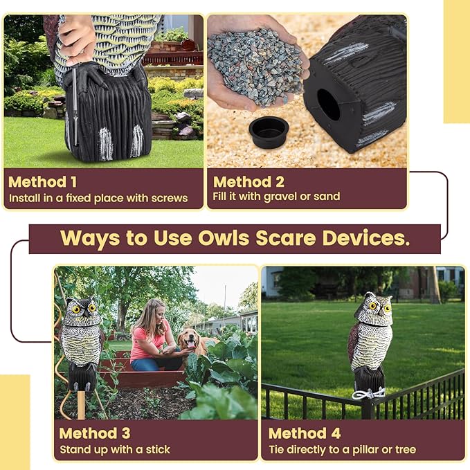Fake Owl Decoys to Scare Birds Away, Waterproof 360° Rotating Head Hawks & Squirrel Deterrent, Patio Decoration Pest Control, Garden Owl Decoy for Outdoor Yard Patio Pools