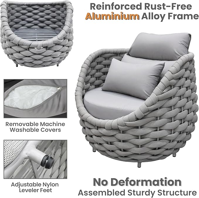 Patio Deck Accent Chair: Large Woven Rope Chair Cushioned - Aluminum Modern Single Lounge Armchair Assembled - All Weather Outdoor Seating for 400lbs Lanai Balcony Porch Yard Garden Hotel, Gray