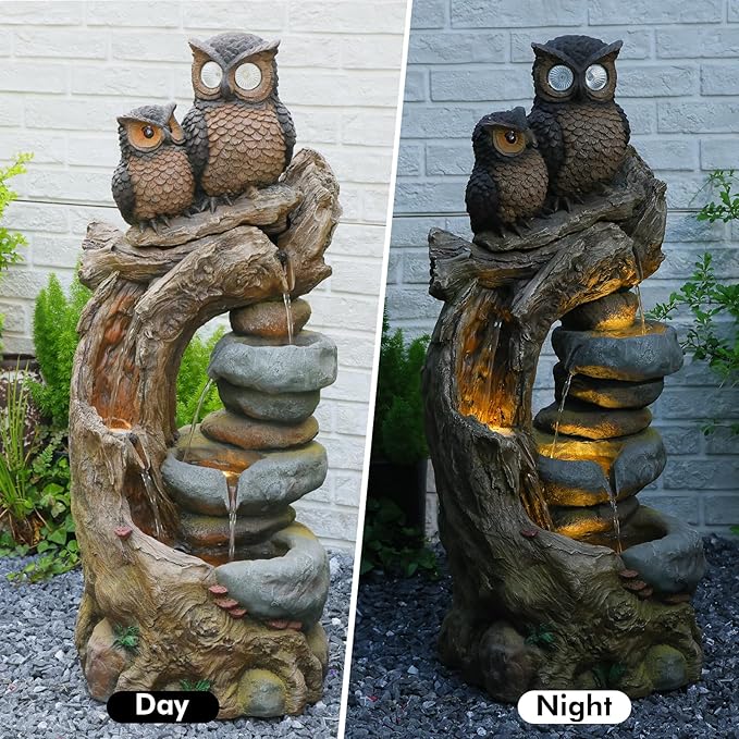34.3''H Outdoor Water Fountain Owl Tree Stump, 4 - Tier Cascading Waterfall Garden Fountains with LED Lights & Pump Water Feature Resin for Patio, Deck, Yard, Home Decor