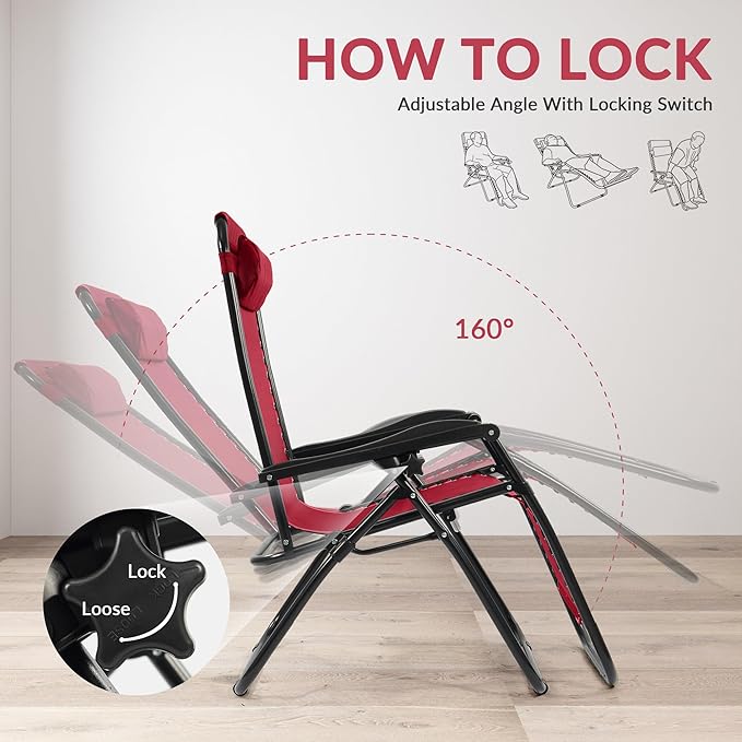 Elevon Zero Gravity Chair with Cup Holder & Removable Pillow, Adjustable Reclining Outdoor Patio Folding Chairs for Adults Portable Lounge Chair Furniture for Poolside, Lawn, Beach, Camping, Red