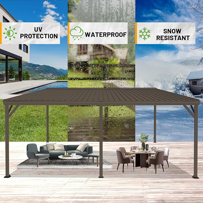12x20FT Lean to Gazebo, Outdoor Hardtop Wall Mounted Gazebo with Gutter & Sloping Galvanized Steel Roof, Metal Hard Top Awnings for Deck, Porch, Backyard -Brown