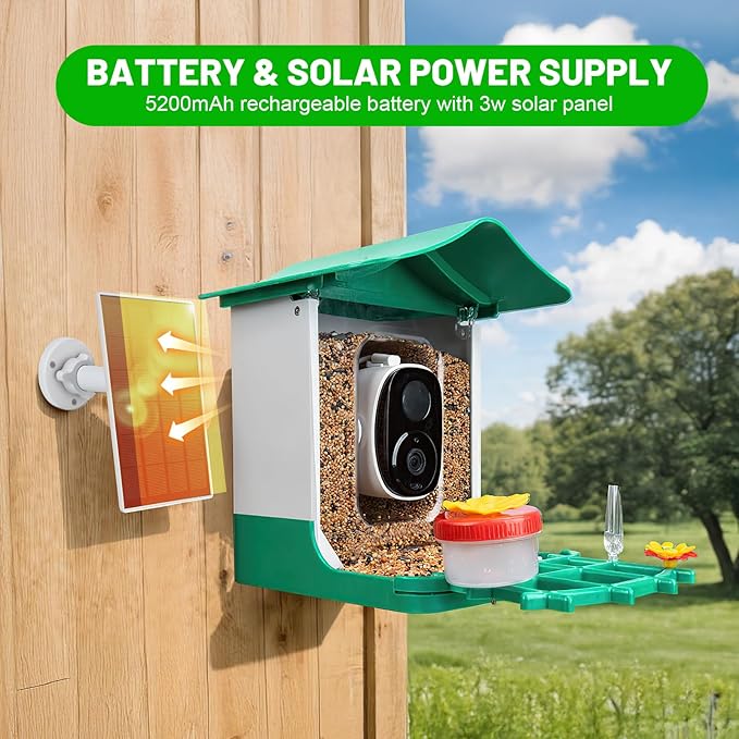 Smart Bird Feeder with Camera, 2K 3MP HD WiFi, AI Bird Species Recognition, Dual-Band 2.4G/5G WiFi, 2L Large Seed Container, IP65 Weatherproof, Solar Powered, Two-Way Audio
