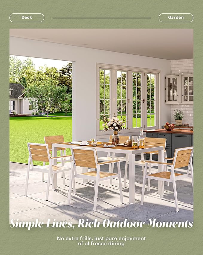 Outdoor Dining Set for 6, Patio Table and Chairs Set, Aluminum Patio Furniture Set with Umbrella Hole, HDPS Patio Dining Table Set for 6 (White-Teak)