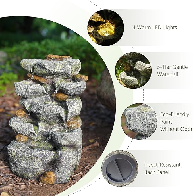 Solar Powered Water Fountain, 5 Tier Cascading Stone Design Feature Outdoor Fountains Waterfalls with Light, Pump Solar Panel for Patio, Deck, Porch, Backyard Home Decor,19.3" H