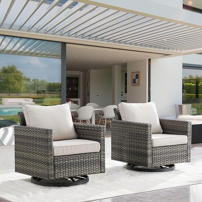 Outdoor Patio Swivel Rocker Chairs - Wicker Patio Swivel Rocking Chairs Set of 2 with Waterproof Wicker,Comfortable Cushions and Sturdy Metal Frame for Outside Porch Deck Backyard(Mixed Grey/Beige)