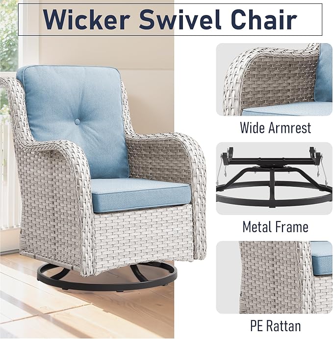Luxury Wicker Swivel Patio Chairs Set of 3, Outdoor Swivel Rocking Chairs with Side Table, Outdoor Bistro Set for Patio, Porch, Yard, Deck, Poolside, Light Beige/Ligth Blue