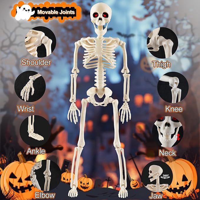 Remiawy Skeleton Halloween Decorations, 6 Pack 16” Full Body Posable Skeletons with Movable Joints, Small Plastic Hanging Props for Haunted House, Yard, Graveyard, Spooky Party Indoor Outdoor Decor