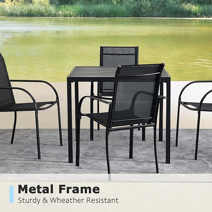 5 Pieces Round Dining Table Set for 4, Patio Dining Set Includes 4 Black Stackable Patio Chairs and Black Square Table, Patio Furniture Sets with Sling Support for Outside, Garden