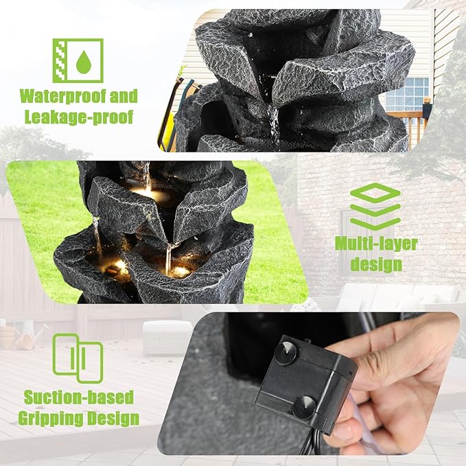 Outdoor 5-Tiers Cascading Rock Water Fountain, Waterfall Fountain with LED Lights, Outdoor Fountains and Waterfalls for Garden or Patio, Yard, and Deck Decor with Natural Stone Look