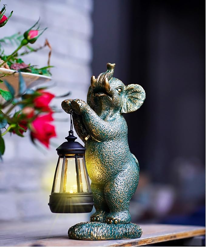 Solar Elephant Garden Statues for Outdoor: Outside Sculpture Lantern Decor for Yard Lawn Porch Patio Balcony Decorations Gifts for Grandma Mom Women