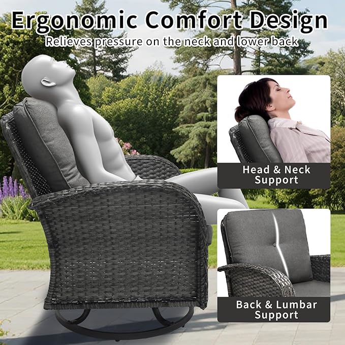 3 Pieces Patio Furniture Set, Outdoor Swivel Rocking Chair Set of 2 with Side Table - 360° Swivel, Thick Cushions, All-Weather Bistro Set for Deck, Porch, Pool(Grey, Grey Full-Weave Rattan)