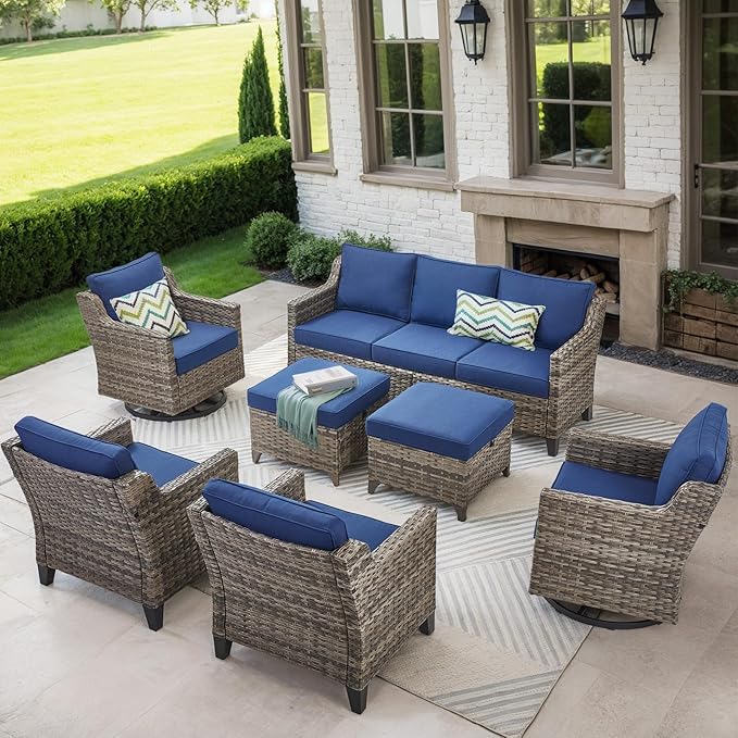 Patio Furniture Set, 7 Pieces Outdoor Wicker Rattan Sofa Couch with Swivel Rocking Chair, Ottomans and Comfy Cushions, All Weather Outdoor Conversation Sets, Suit for Porch Deck