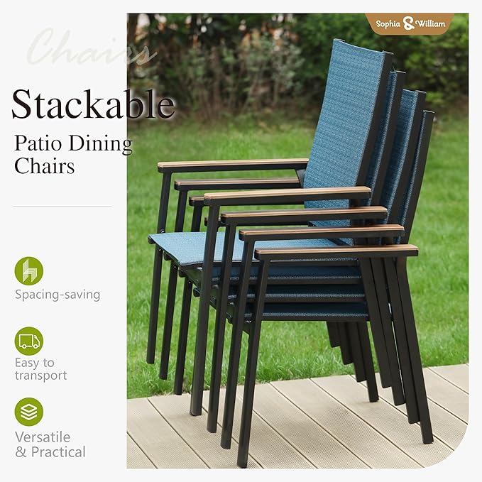 Sophia & William Patio Dining Set for 8, Lightweight Aluminum Outdoor Dining Chairs and Large Square Metal Table, Stackable Chairs and Easy to Move for Lawn Garden Yard (Blue)