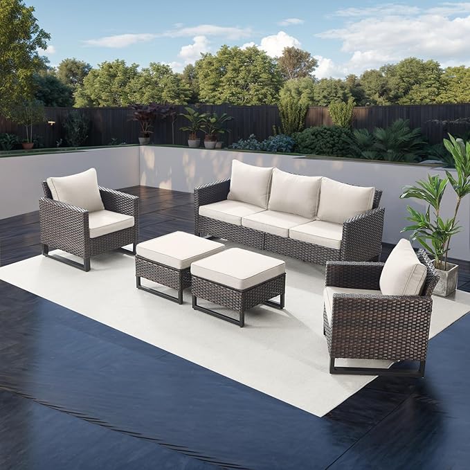 Rilyson Wicker Outdoor Patio Furniture Set - 5 Piece Patio Conversation Set with 2 Wicker Armrest Chairs,2 Rattan Ottoman and 1 Couch for Outside Porch Deck Backyard Garden(Brown/Beige)