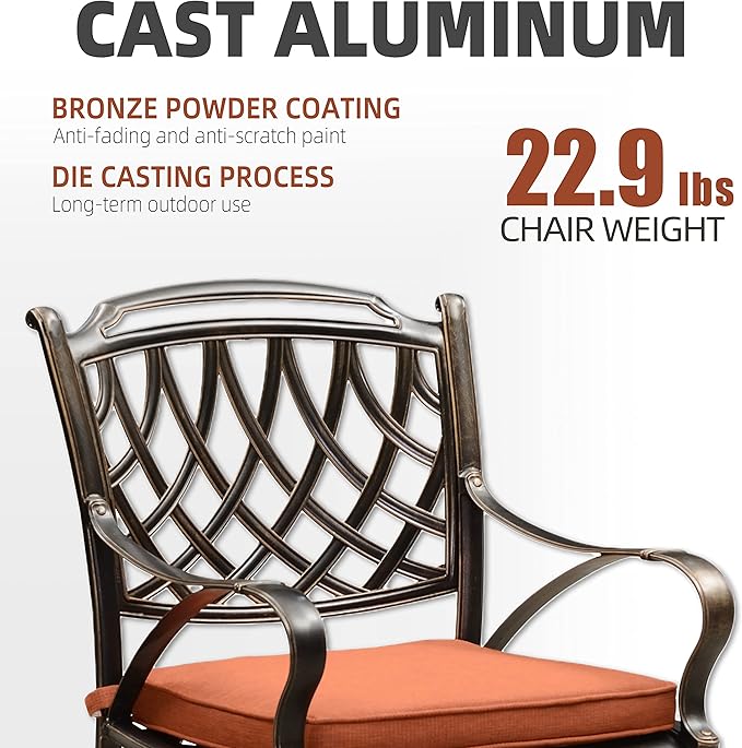 PURPLE LEAF Patio Dining Set Cast Aluminum 5-Piece Patio Furniture Set with 4 Dining Armchairs and 47" Round Table, 4 Cushions Included, for Lawn Yard Garden, Rhombic Brick Red Outdoor Dining Set