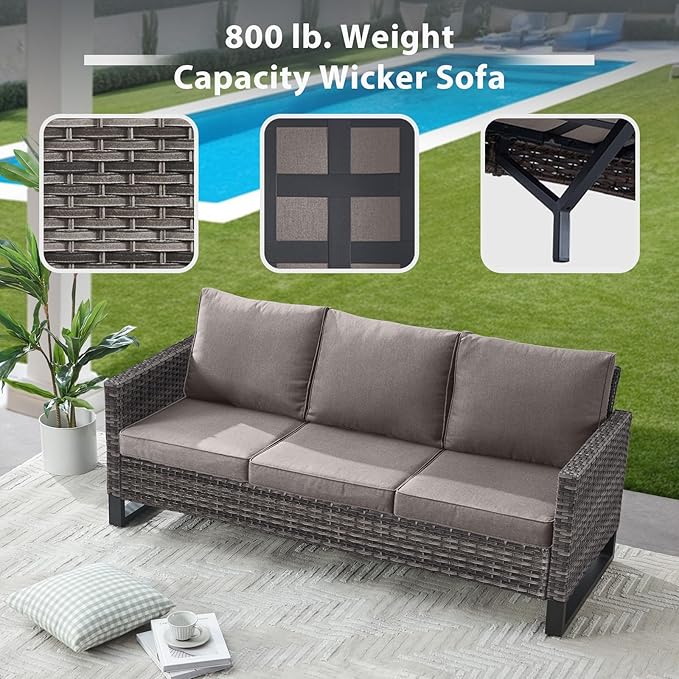 6 Piece Wicker Patio Furniture Set - Outdoor Swivel Rocker Chairs Set with Coffee Table, 3 Seat Sofa & Ottomans, Small Patio Conversation Sets Proch Furniture for Balcony Deck - Grey/Grey