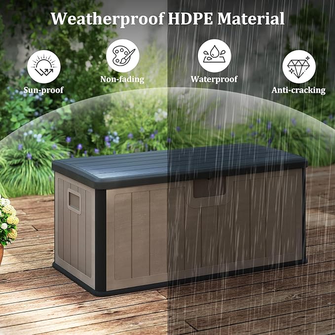 Tangkula 100 Gallon Outdoor Storage Box, Resin Outdoor Storage Bench with Lockable Lid, Waterproof Deck Box for Garden Tools, Pool Accessories, Cushions (100 Gallon,Black+Brown)
