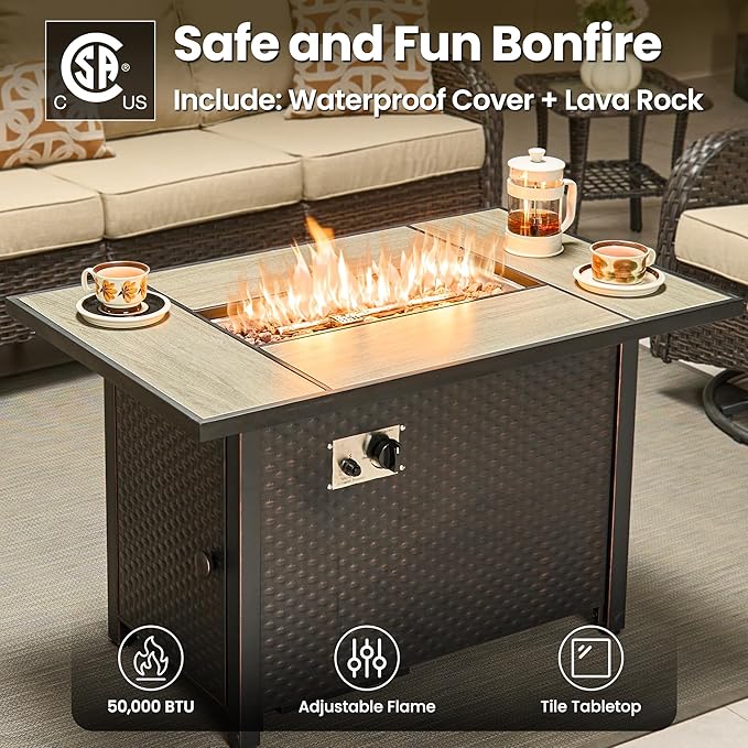 ovios 5 Pieces Patio Furniture Set, Outdoor Wicker Sofa Couch with Swivel Chairs 42" Fire Pit Table, High Back All Weather Modern Conversation Sets, Brown Rattan, Beige