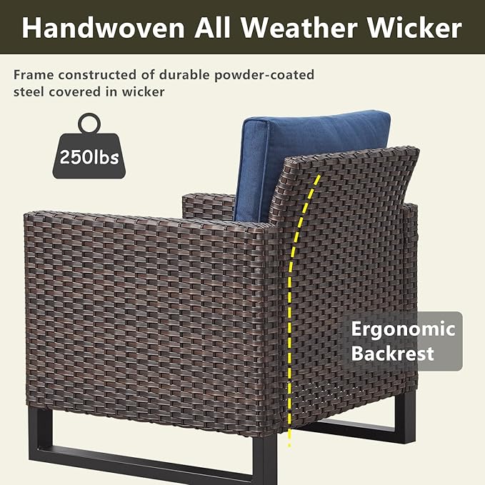 Rilyson Wicker Outdoor Patio Furniture Set - 6 Piece Patio Conversation Set with 2 Armrest Chairs,2 Rattan Ottoman,1 Couch and 1 Metal Side Table for Outside Porch Deck Backyard(Brown/Blue)