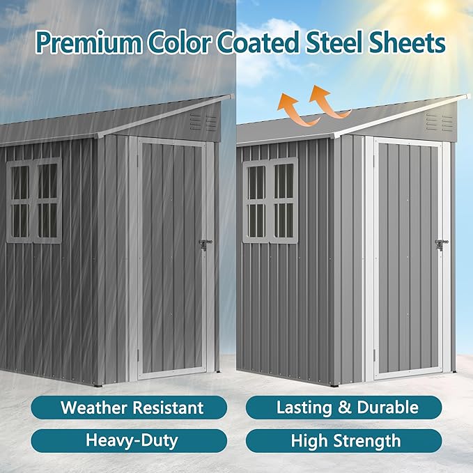 4X8 FT Outdoor Storage Shed W/ 2 Windows & Floor Frame,Lean to Shed W/Reversible Installation,Metal Garden Tool House W/Air Vents,Lockable Door & Sloped Roof,for Backyard Patio Lawn,Gray