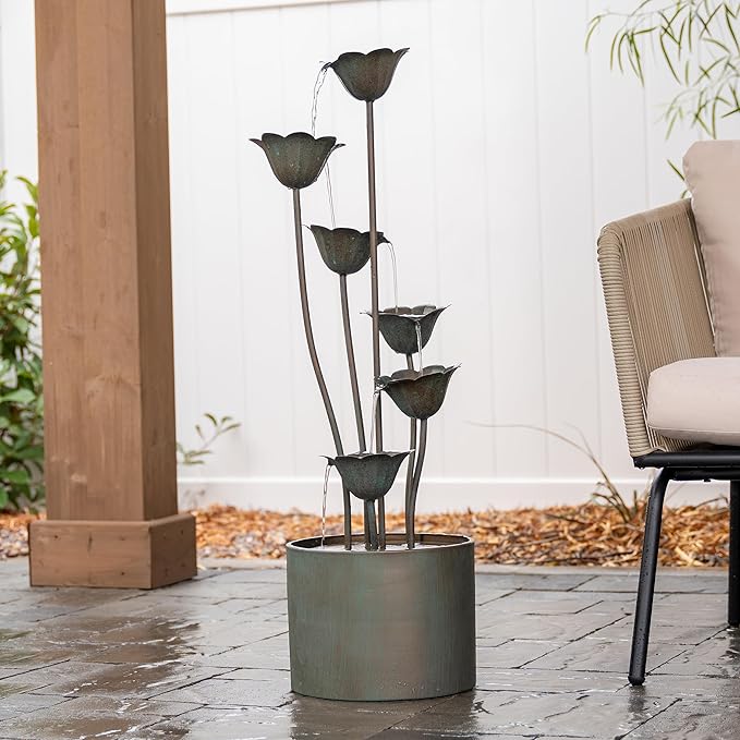 XBrand Metal Sculptural Multi-Tiered Flower Water Fountain, No LED Lights, Silver, 35" Tall