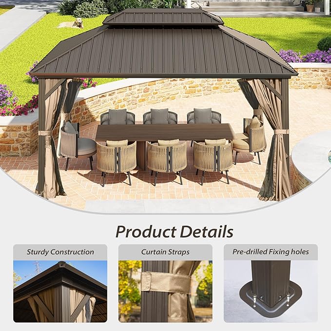 Domi 12'x12' Hardtop Gazebo Canopy,Outdoor Metal Gazebo with Galvanized Steel Double Roof,Curtain and Netting,Permanent Pavilion for Patio Deck,Backyard