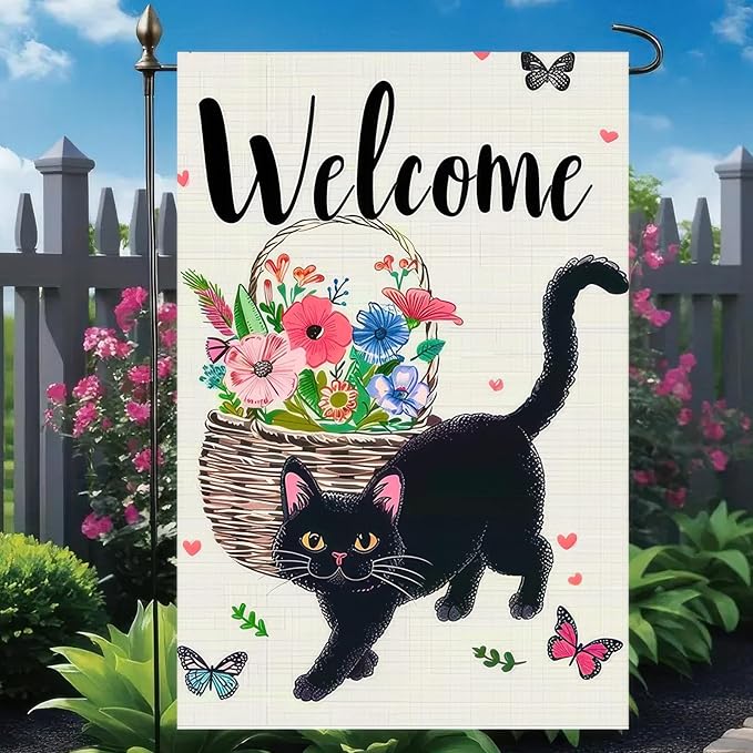 Welcome Cat Garden Flag 12x18 Inch Cute Black Cat Colorful Floral Butterfly Basket Double-Sided Yard Decoration for Outdoor Garden Patio Yard Spring Summer Décor