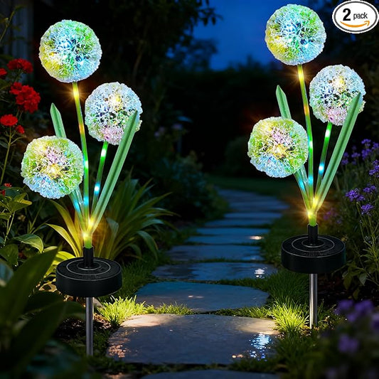 Solar Flowers Lights - Upgraded Outdoor Dandelion Flowers Lights, 7-Color Changing & Waterproof Outdoor Solar Lights for Garden, Patio, Backyard,Party and Office (Dandelion, 2)