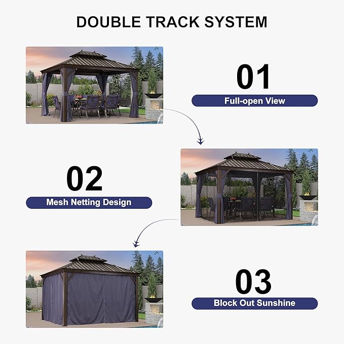 PURPLE LEAF 10' X 12' Hardtop Gazebo Canopy with Netting and Curtains for Outdoor Deck Backyard Heavy Duty Sunshade Outside Metal Patio Permanent Pavilion