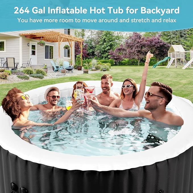 4-6 Person Inflatable Hot Tub, 264Gal Round Portable Blow up Hot Tub, Leak-Proof PVC Outdoor Spa with 130 Air Jets, Heater Pump and Insulated Cover, 82” X 82” X 25