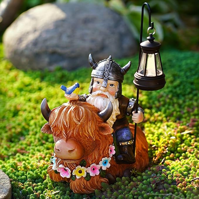 Garden Gnome Outdoor Statue 12 Inch Highland Cow Gnomes Decorations for Yard Patio Lawn Porch Birthday for Women, Mother’s Day, Housewarming with Solar Light Funny Decor for Outside