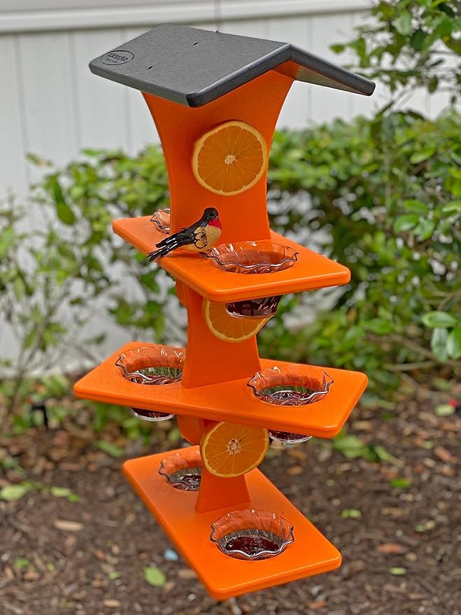 DutchCrafters Plastic Poly Double Platform Hanging Oriole Bird Feeder with Fruit Slice Holders & Nectar Cups, Jelly Bird Feeders for Outside - Amish Made in USA (Triple, Black & Bright Orange)
