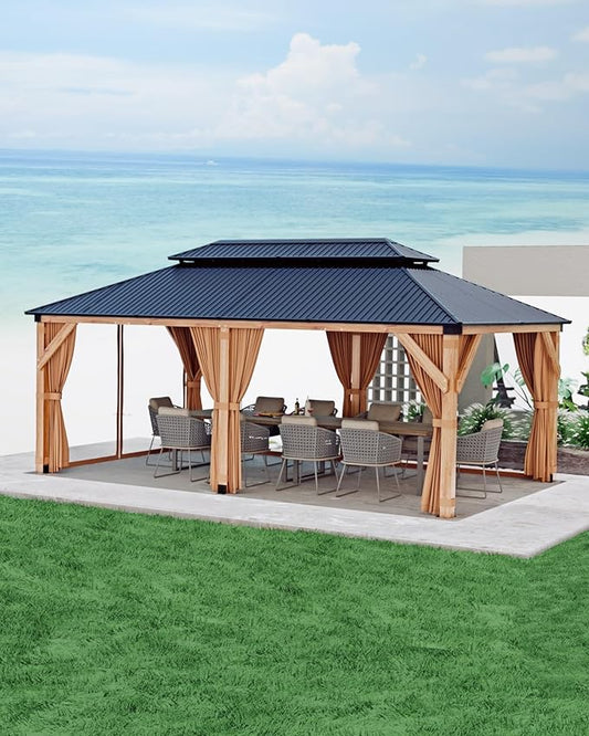 GAOMON Hardtop Spruce Wood Gazebo 12'x20', with Double Roof of Metal Sheets, 4.7'' Heavy Duty Poles, Gray Net, and Curtain, Permanent Building for Patio, Deck, Backyard, Lawn, and Garden, Khaki