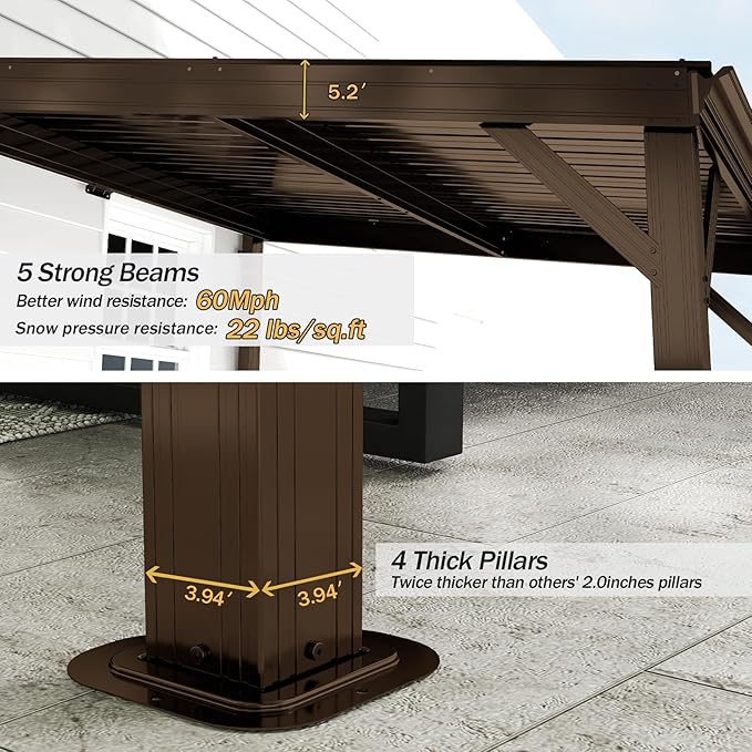 Domi 8'x10' Wall Mounted Hardtop Gazebo, Connectable Lean to Pergola with Gutters & Galvanized Steel Roof, 60MPH Wind Resistance, Outdoor Heavy Duty Metal Awning for Patio, Deck, Backyard - Brown