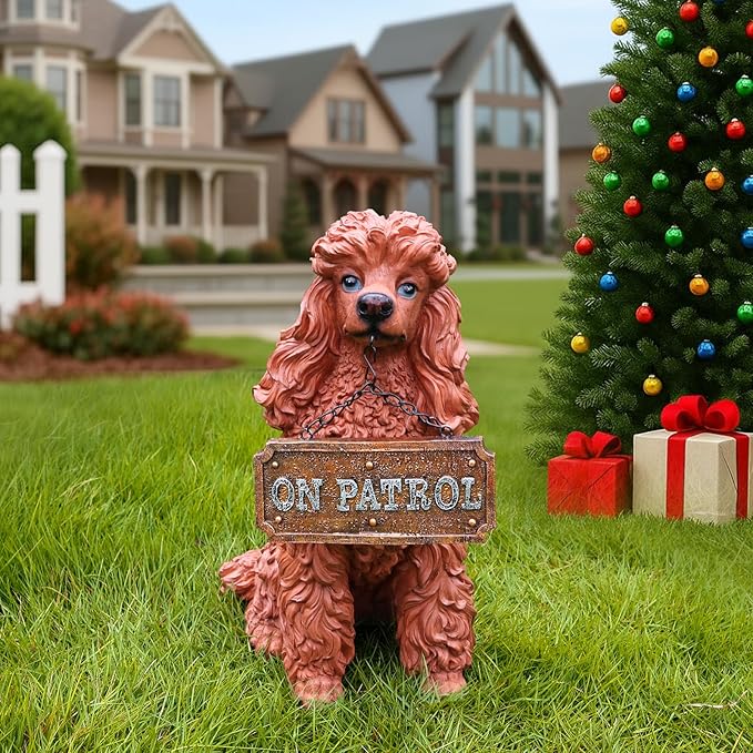 Poodle Outdoor Garden Statue with Double-Sided “Welcome/ON Patrol” Hanging Sign and Solar Lantern, Brown Sitting Dog for Porch, Path & Yard Décor