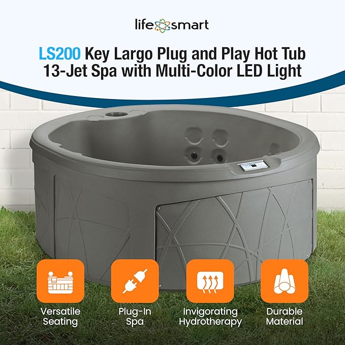 LifeSmart Key Largo Hot Tub Spa with 110 Volt Plug and Play and Multicolor Underwater LED Light for Patio, Lawn, and Garden, Taupe, 4-Person