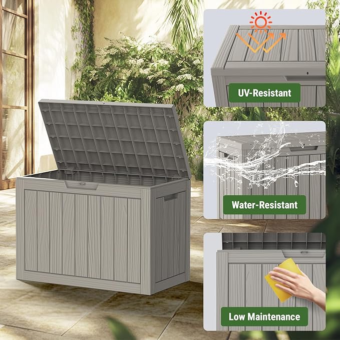 Mars Villa Deck Box, Waterproof Weatherproof and UV Resistant Resin Storage Box, Ideal for Indoor, Outdoor, Patio Furniture Cushions, Pool Supplies, Gardening Tools (45 Gallon, Light Brown)