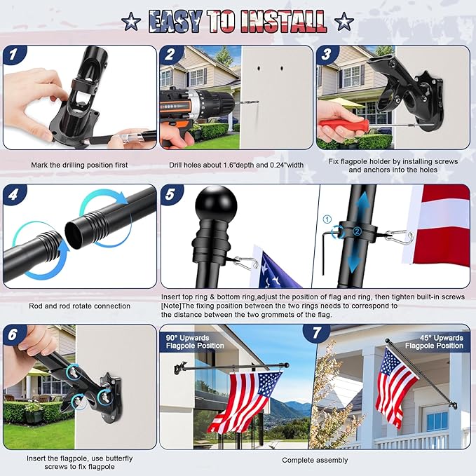 REERON Flag Pole Kit for House, 6 FT Stainless Steel Spinning Flag Pole, 1" Rustproof Porch Flagpole with 360° Metal Anti-wrap Flagpole Rings & 2-Position Bracket for Outdoor Home Sport for 3x5 Flags