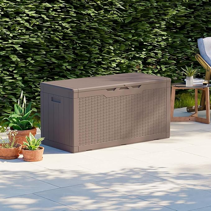 Patiolife 100 Gallon Resin Deck Box, Large Outdoor Storage Box for Garden Tools, Pool Supplies, Waterproof and Lockable, Dark Brown