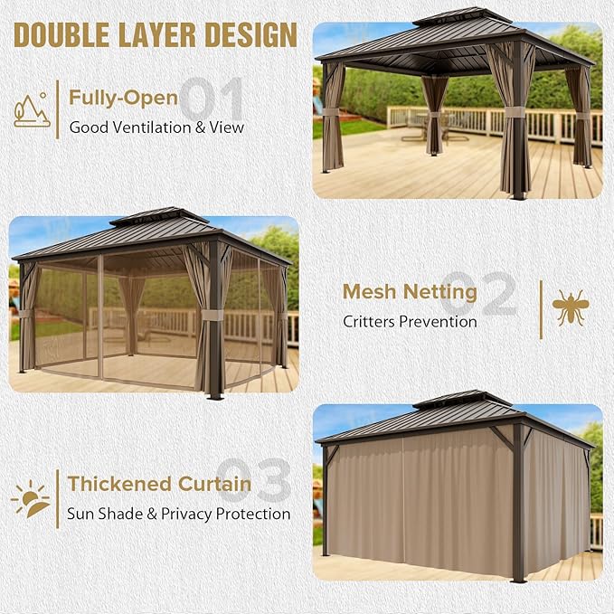 COOS BAY 12x14 Hardtop Gazebo with Aluminum Frame, Galvanized Steel Double Roof Outdoor Pavilion with Netting and Curtains, Dark Brown/Tan