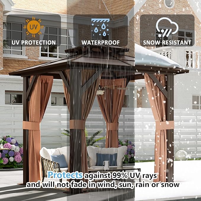 Aoxun 8'x 8' Hardtop Gazebo, Outdoor Polycarbonate Double Top Canopy, Aluminum Frame Gazebo with Netting and Curtains, Sunshade for Gardens, Patios, Lawns, Brown
