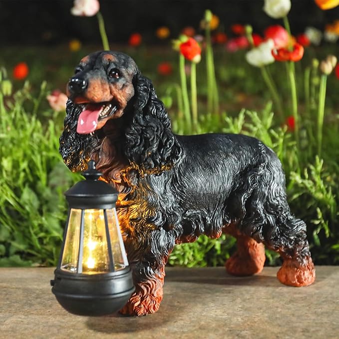 Garden Dog Statues Outdoor Decor, Solar Lights Outdoor Cocker Spaniel Figurine Garden Decorations Solar Dog Ornaments for Patio, Lawn, Yard Art Decoration, Housewarming Gifts