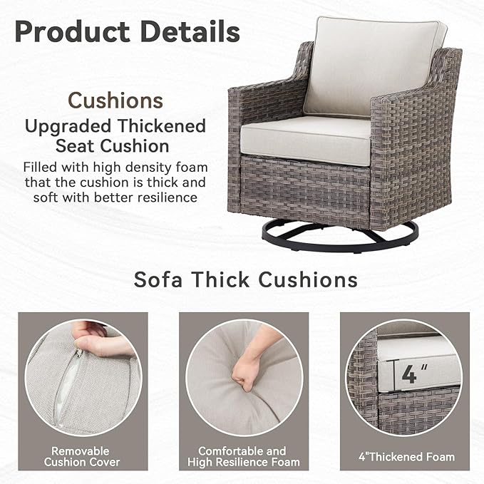Patio Furniture Set, 5 Piece Outdoor Patio Furniture with Swivel Rocking Chairs, Side Table, Rattan Ottomans, Comfy Cushions, Conversation Sets for Garden Porch Deck Backyard