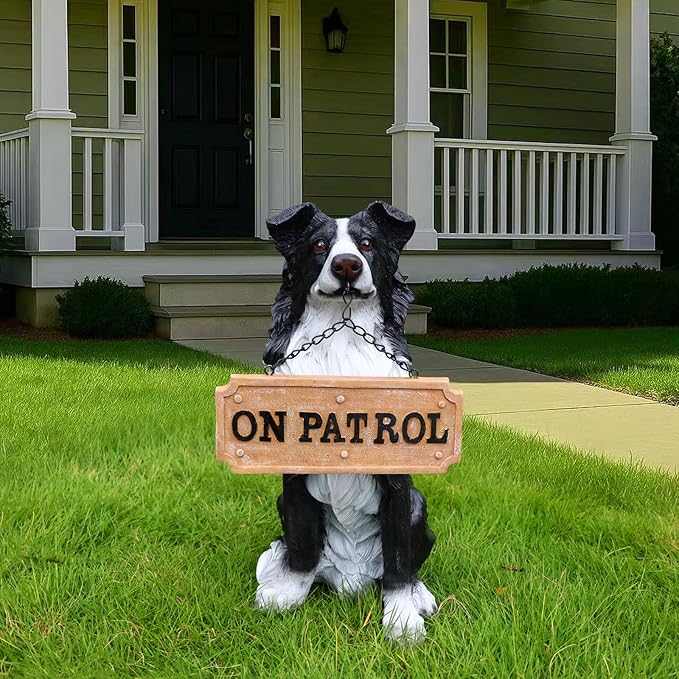 Border Collie Outdoor Dog Statue with Reversible “Welcome/ON Patrol” Plaque and Solar Path Lantern, Black & White Sitting Herding Dog Yard Accent