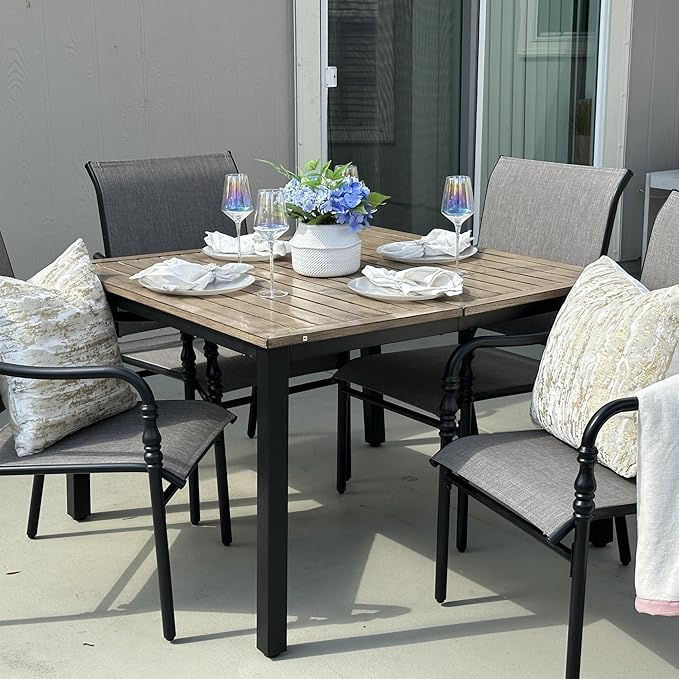 Patio Table and Chairs Set of 4, All-Weather Breathable Textilene Patio Chair with Gourd-Shaped Armrests, 42x42 Wood-Like Table with Umbrella Hole, 5 Pcs Metal Frame Patio Dining Set