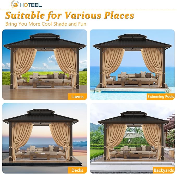 HOTEEL 10x12 Hardtop Gazebo Hot Tub Gazebo with Flame-Retardant Curtain Netting, Heavy Duty Pavilion with Galvanized Steel Double Roof, Aluminum Frame Outdoor Canopy for Patio, Party (2025 Upgraded)