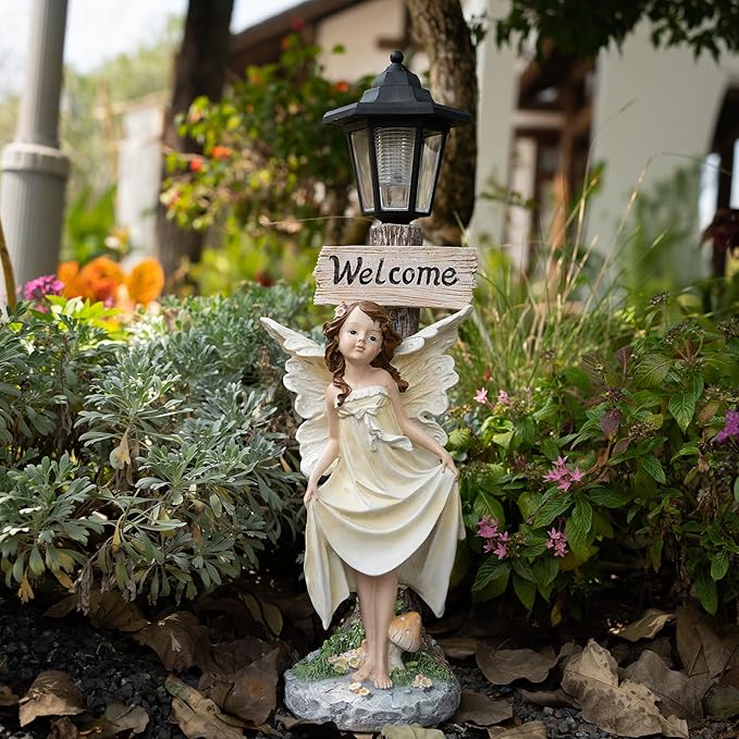 Garden Fairy Solar Light Welcome Sign, 22" in Height, Decorative Outdoor Statue with Auto Light-Up Feature