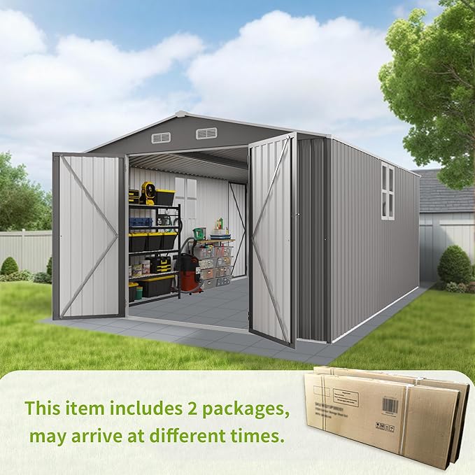 10x14 FT Outdoor Metal Storage Shed, Durable Garden Shed with Three Lockable Doors & Clear Window for Backyard, Patio, All-Weather Shelter for Bike, Gardening Tools, Lawn Mowers, Grey